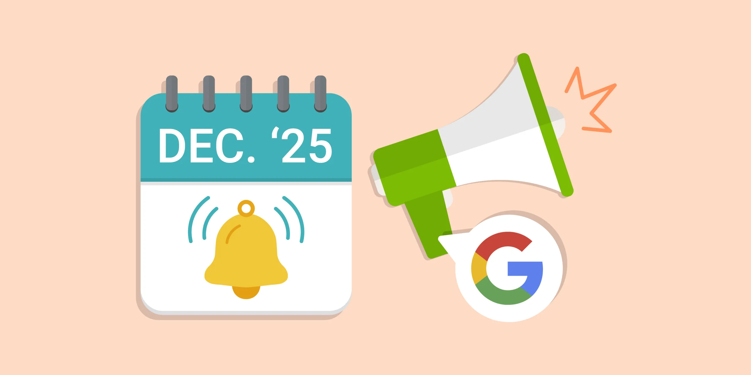 Stylized graphic depicting a megaphone and a calendar page that says Dec '25